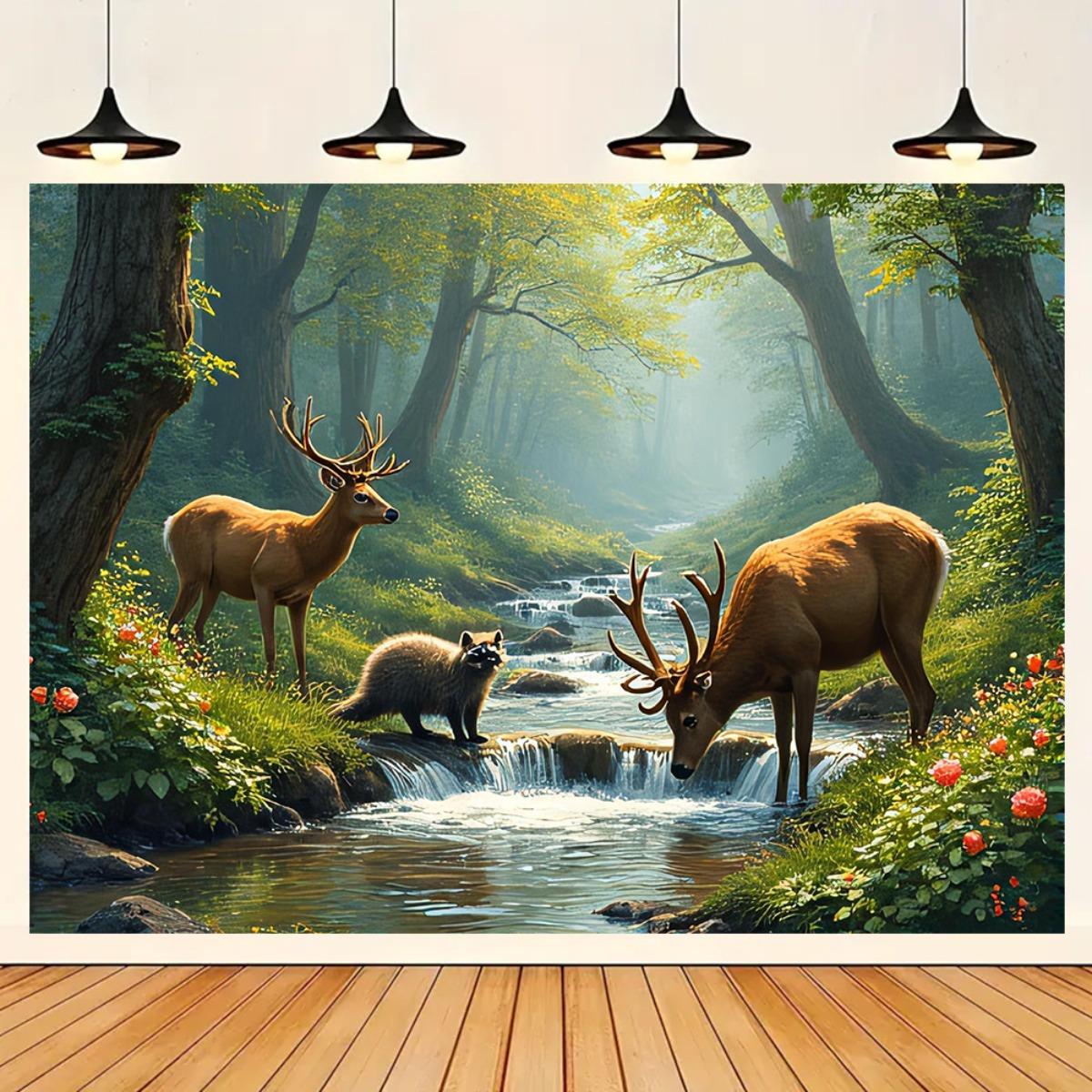 Deer Forest Stream Wall Mural  - đánh giá và giá Interior Design Hd